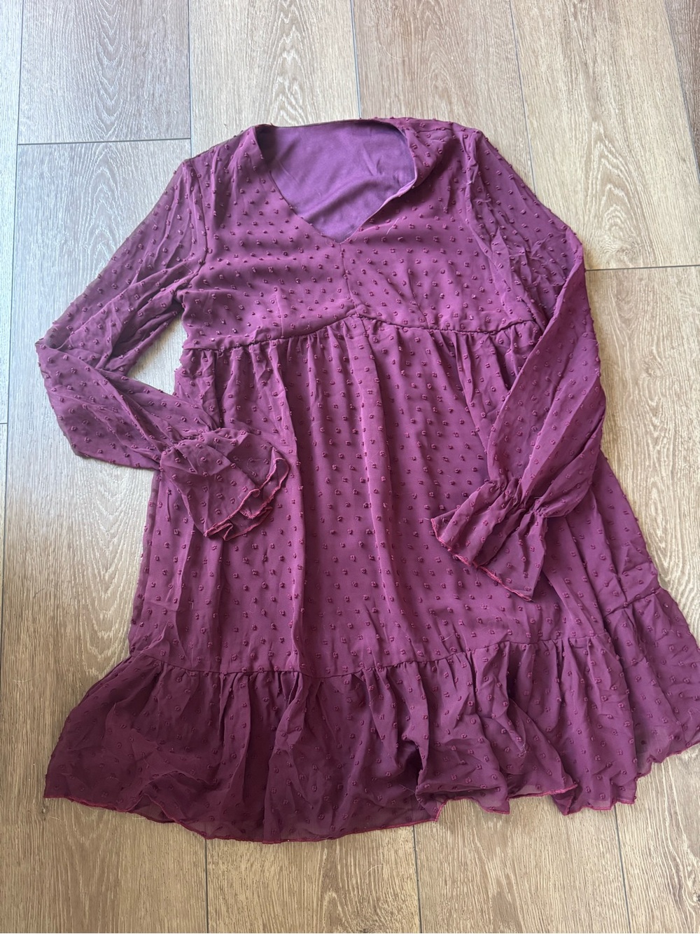 Knit & Lounge Long Sleeve Swiss Dot V-Neck Ruffle Dress